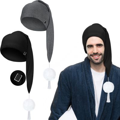 Geyoga 2 Pcs Men Silk Night Sleeping Cap Adjustable Drawstring Night Sleeping Cap with Pom Ball for Daily Use(Milk Fiber,Black, Gray)
