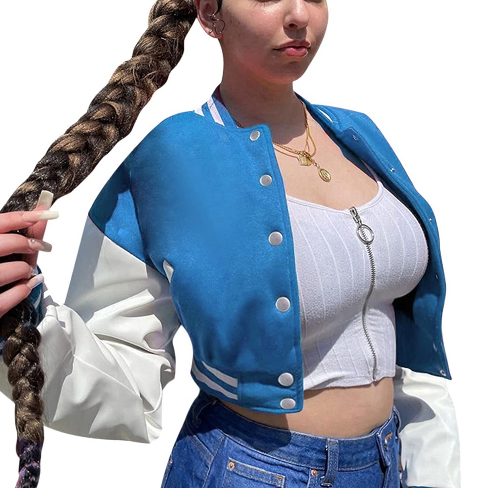 qfmqkpi Women's Casual Varsity Bomber Jacket Long Sleeve Cropped Outwear Y2k Streetwear Blue XL