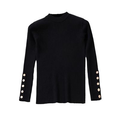 Autumn Winter Women Thick Sweater Pullovers Long Sleeve Button O-Neck Chic Sweater Slim Knit Soft Jumper Tops Black