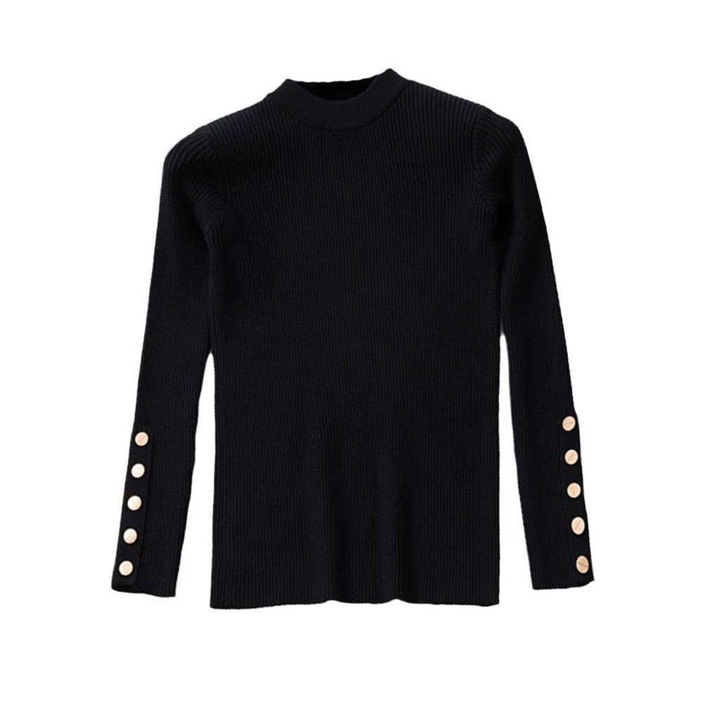 Autumn Winter Women Thick Sweater Pullovers Long Sleeve Button O-Neck Chic Sweater Slim Knit Soft Jumper Tops Black