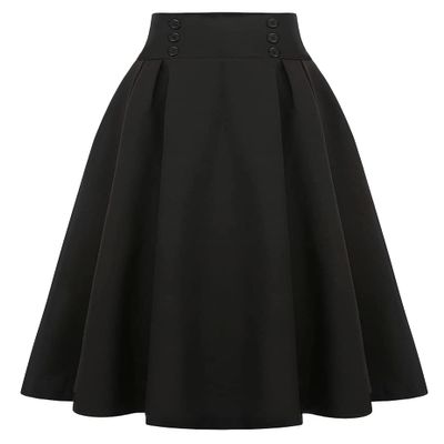 Black Midi Dresses for Women 2025 Fall High Waisted Aline Pleated Midi Length Skirt, Black, XXL
