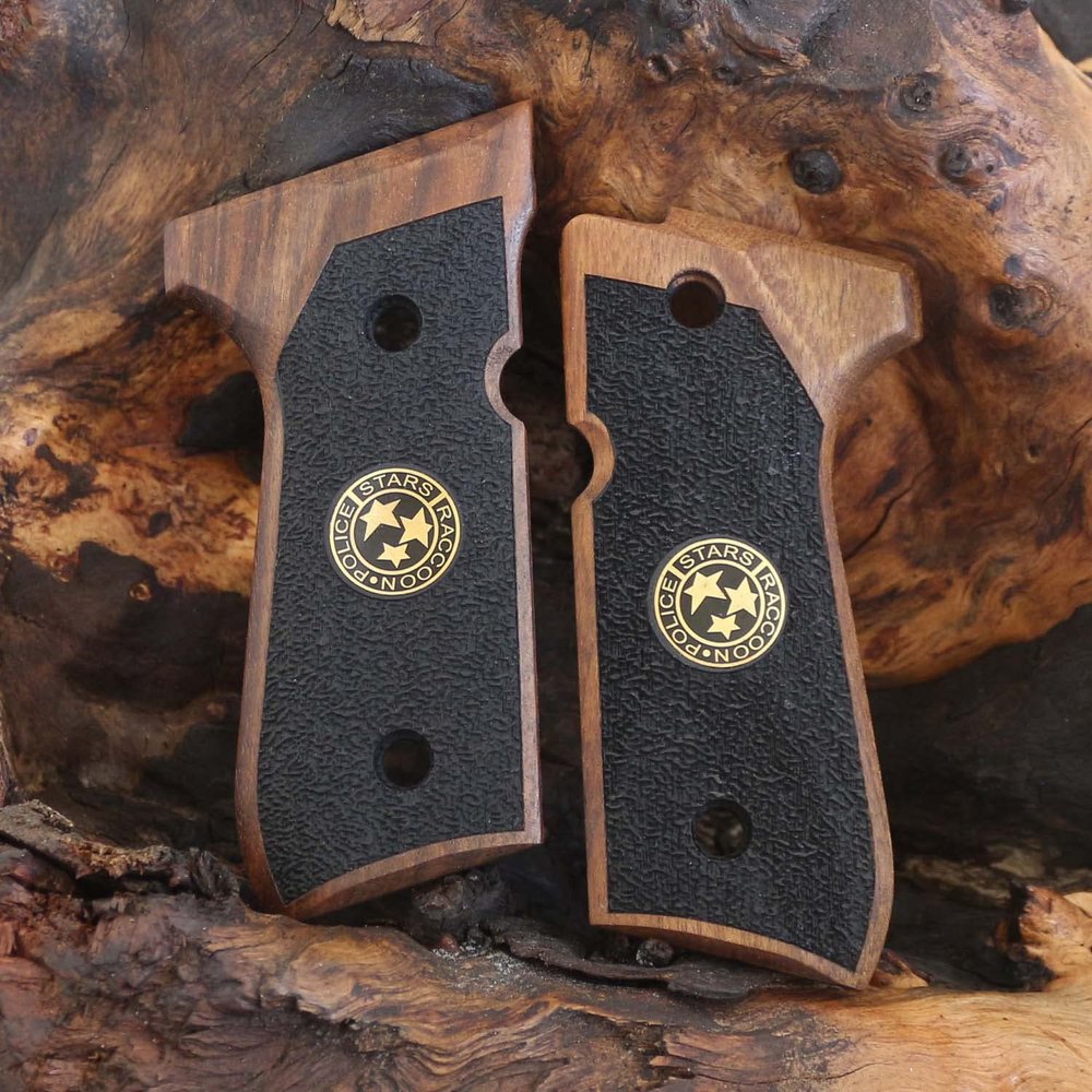 92FS, 92, 92F, 92A1, 92FS INOX, 92G, 92D, 96, 96D, 96A1, M9A1 Compatible Samurai Edge Raccoon City Stars Logo Grip (Dark Walnut)