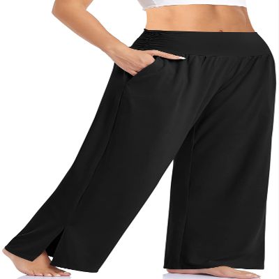 UEU Womens Wide Leg Yoga Pants High Waisted Adjustable Tie Knot Joggers Casual Loose Plus Size Lounge Sweatpants with Pockets (Black, L)