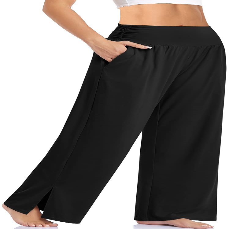 UEU Womens Wide Leg Yoga Pants High Waisted Adjustable Tie Knot Joggers Casual Loose Plus Size Lounge Sweatpants with Pockets (Black, L)