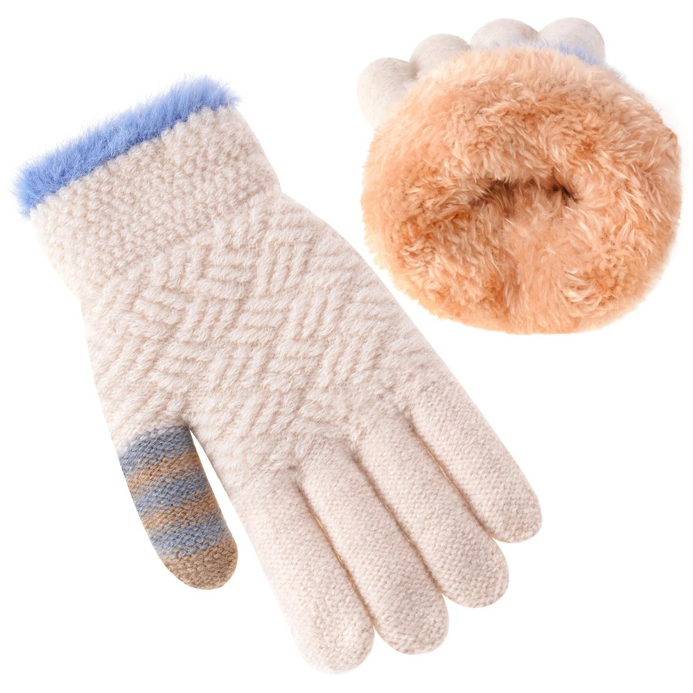 FENELY Winter Gloves for Boys Girls - Kids Warm Knit Thermal Cable Knitted Gloves Wool Fleece Lined Mittens for Cold Weather (Classic Beige, 1 Pair)