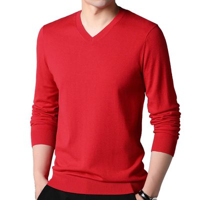 Kaxiya2021 Men's Solid V Neck Sweaters Long Sleeve Breathable Knitting Pullover Classic Comfortably Soft Basic Knitwear Top (Red,XX-Large)