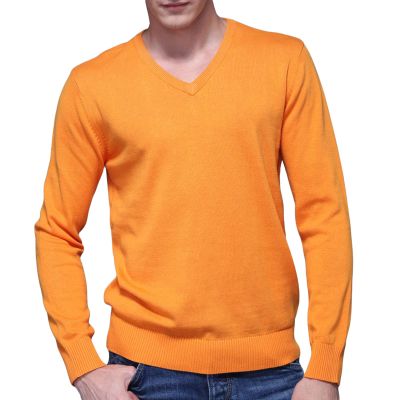 Men's Solid V Neck Sweaters Long Sleeve Breathable Knitting Pullover Classic Comfortably Soft Basic Knitwear Top (Orange,XX-Large)