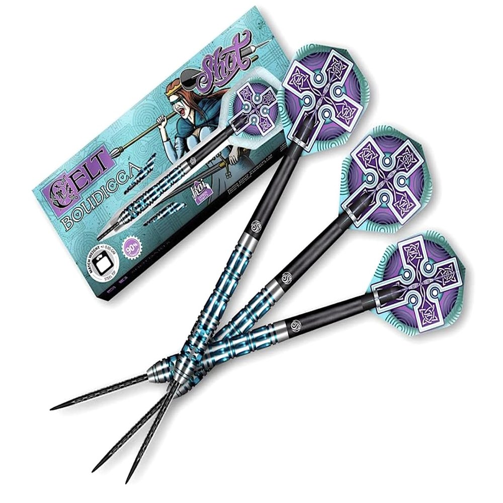 Shot! Darts Steel Tip, Celt Boudicca (23g/24g/25g/26g), 90% Tungsten Barrel, Front Balanced, Handcrafted Professional Dart Set & Flights Made in New Zealand, Metal Tip for Bristle Dartboard