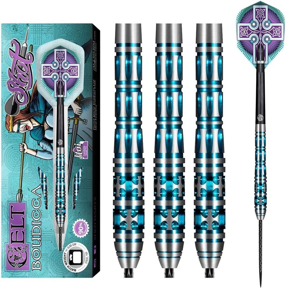 Shot! Darts Steel Tip, Celt Boudicca (23g/24g/25g/26g), 90% Tungsten Barrel, Front Balanced, Handcrafted Professional Dart Set & Flights Made in New Zealand, Metal Tip for Bristle Dartboard