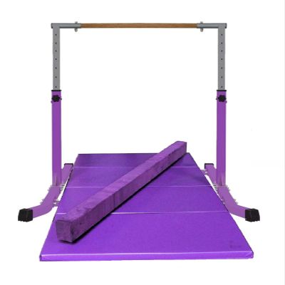 Athletic Bar Expandable Gymnastics Kip Bar Set with Balance Beam, 6'x4' Mat for Kids, Horizontal Bar Junior Gymnastic Training Exercise Gymnast Home Gym Adjustable 3 to 5 FT Fiberglass Rail (Purple)