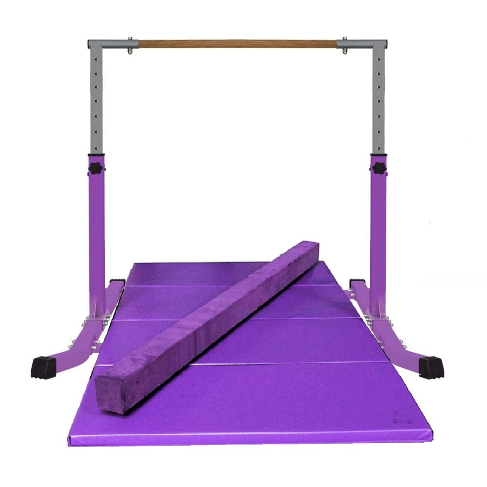 Athletic Bar Expandable Gymnastics Kip Bar Set with Balance Beam, 6'x4' Mat for Kids, Horizontal Bar Junior Gymnastic Training Exercise Gymnast Home Gym Adjustable 3 to 5 FT Fiberglass Rail (Purple)