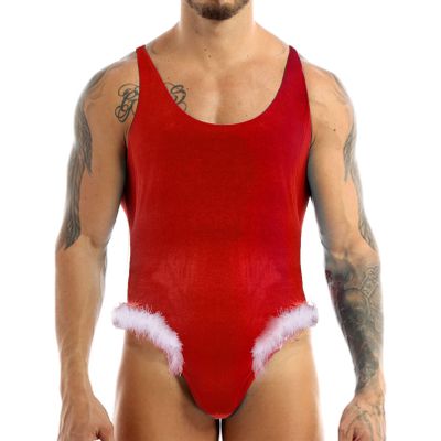 Moily Men's Sexy Velvet One-Piece Racer Back Christmas Bodysuit Mr. Santa Wrestling Singlet Leotard Red Large