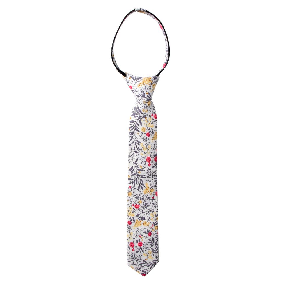 Spring Notion Boys' Cotton Floral Print Zipper Neckties in Trendy Colors, 62-White Yellow Red Small