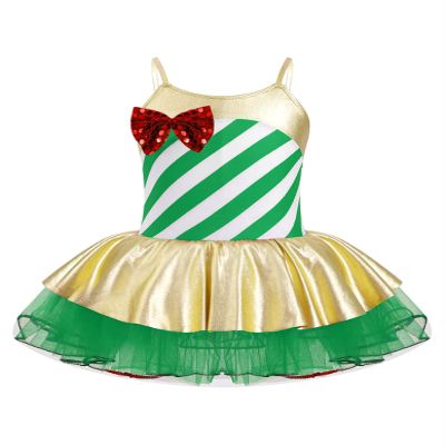Loloda Kids Girls Christmas Holiday Mrs Santa Candy Cane Striped Figure Ice Skating Tutu Dress Leotard Green 16 Years