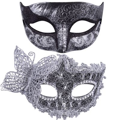SIQUK Couple Masquerade Masks Set Venetian Party Mask Plastic Halloween Costume Mask Mardi Gras Mask for Couples Women and Men, Black Silver