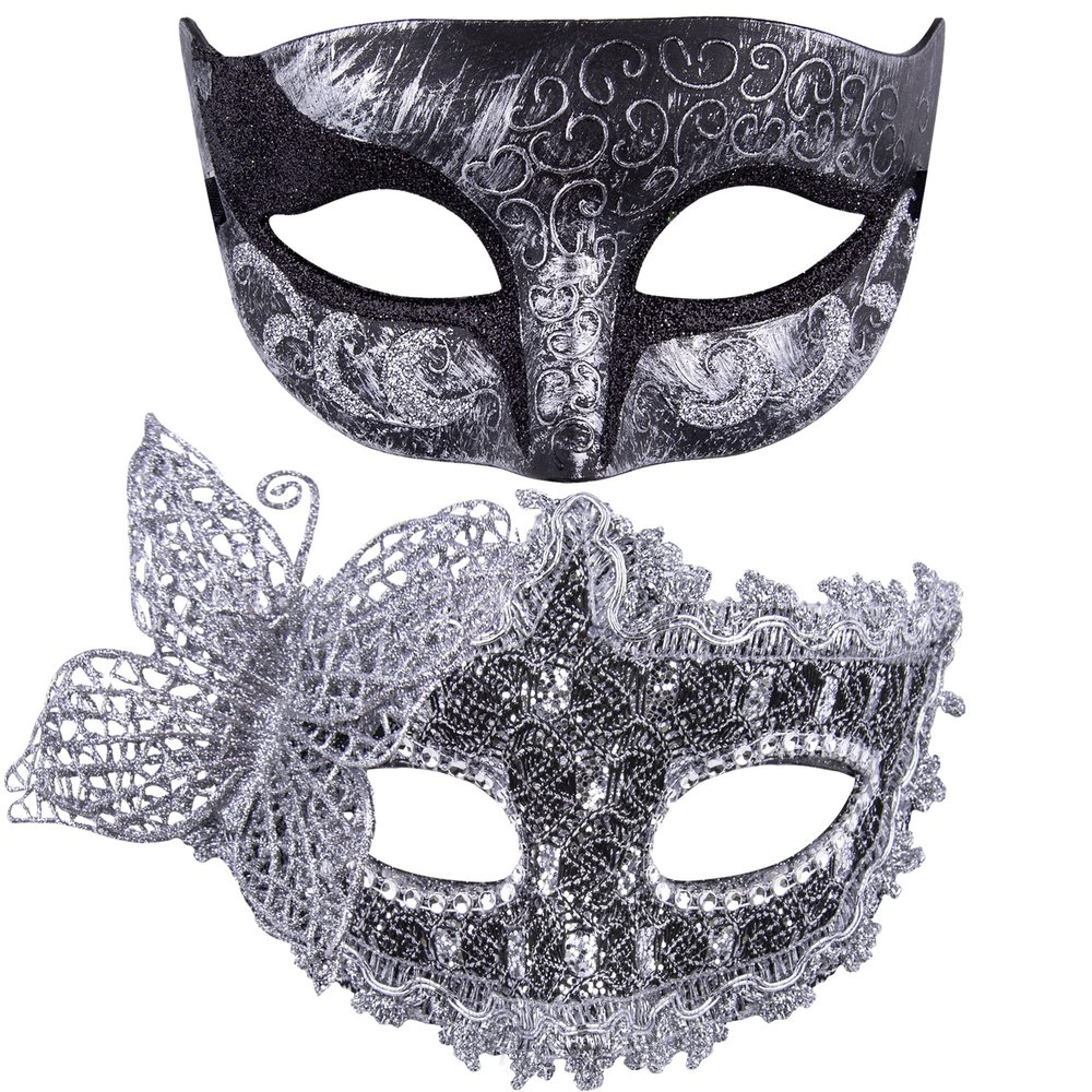 SIQUK Couple Masquerade Masks Set Venetian Party Mask Plastic Halloween Costume Mask Mardi Gras Mask for Couples Women and Men, Black Silver