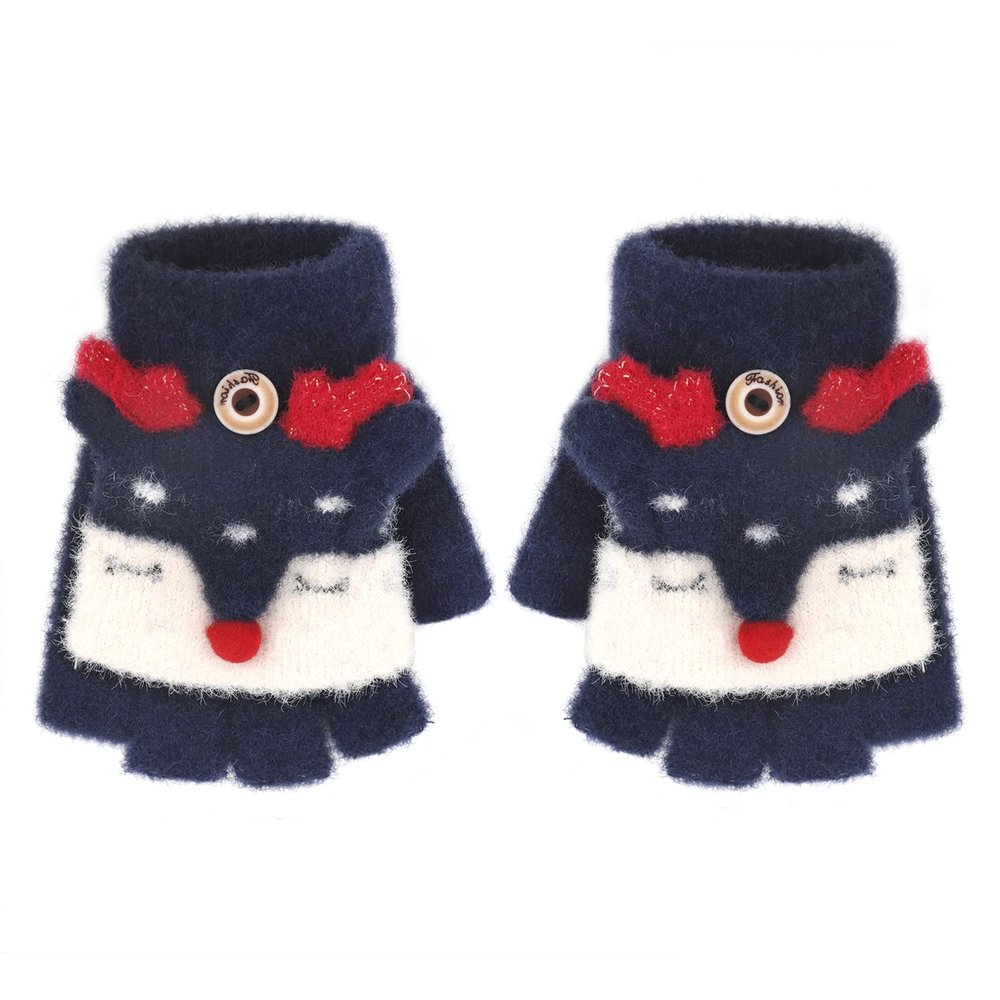 Greenery-GRE Cartoon Convertible Flip Top Gloves Toddler Kids Winter Wool Knit Fingerless Gloves with Mitten Cover for Girls Boys 2-6 Yrs