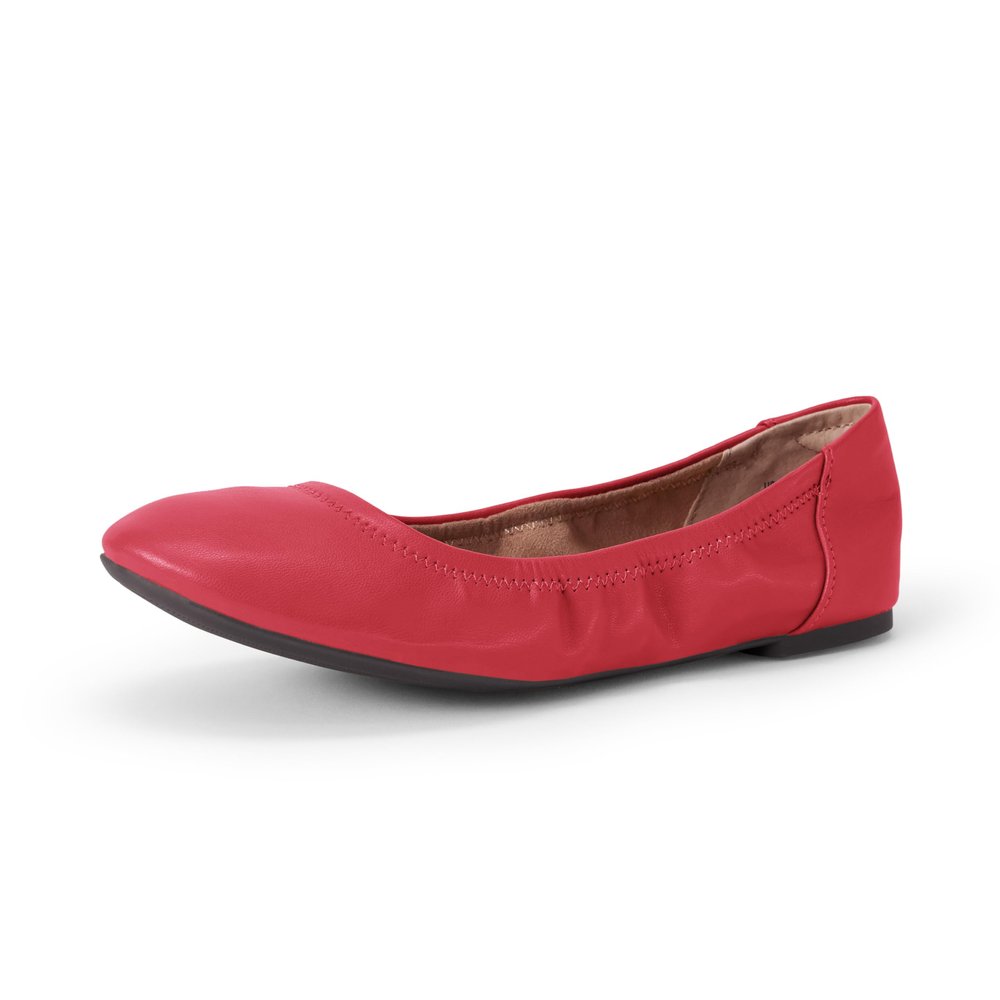 Amazon Essentials Women's Comfortable Round Toe Ballet Flats, Cushioned Memory Foam, Bright Poppy Red, 14 Wide