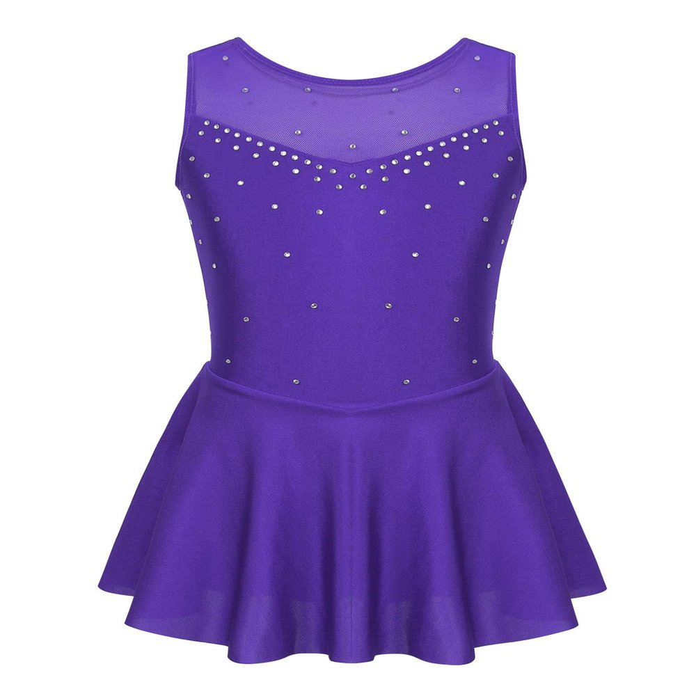 Yihuimin Girls Shiny Rhinestone Mesh Splice Back Figure Ice Skating Dress Gymnastics Leotard Ballet Skirts Violet 10 Years