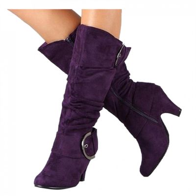 Bcshiye Women's Knee High Suede Chunky Heel Side Zipper Buckle Boots Stretch Winter Dress Party Boots High Heel Boots