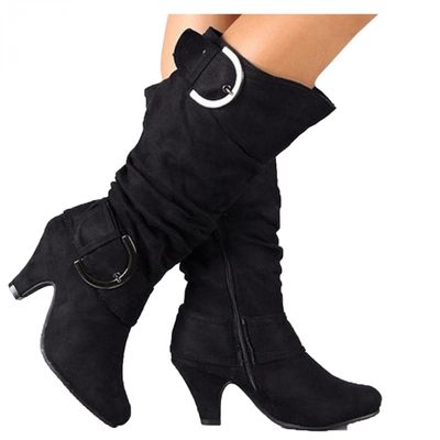 Bcshiye Women's Knee High Suede Chunky Heel Side Zipper Buckle Boots Stretch Winter Dress Party Boots High Heel Boots