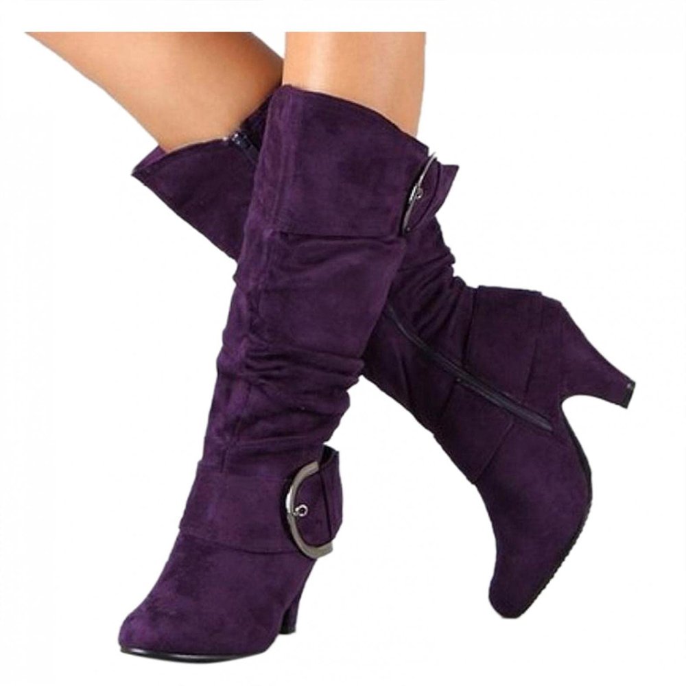 Bcshiye Women's Knee High Suede Chunky Heel Side Zipper Buckle Boots Stretch Winter Dress Party Boots High Heel Boots