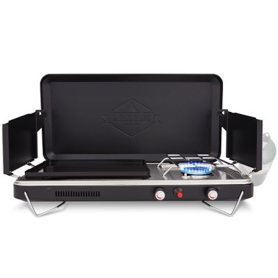 Hike Crew 2-in-1 Gas Camping Stove and Griddle, Portable Propane Burner w/Integrated Igniter & Stainless Drip Tray | Built-in Carrying Handle, Foldable Legs & Wind Panels | Includes Regulator