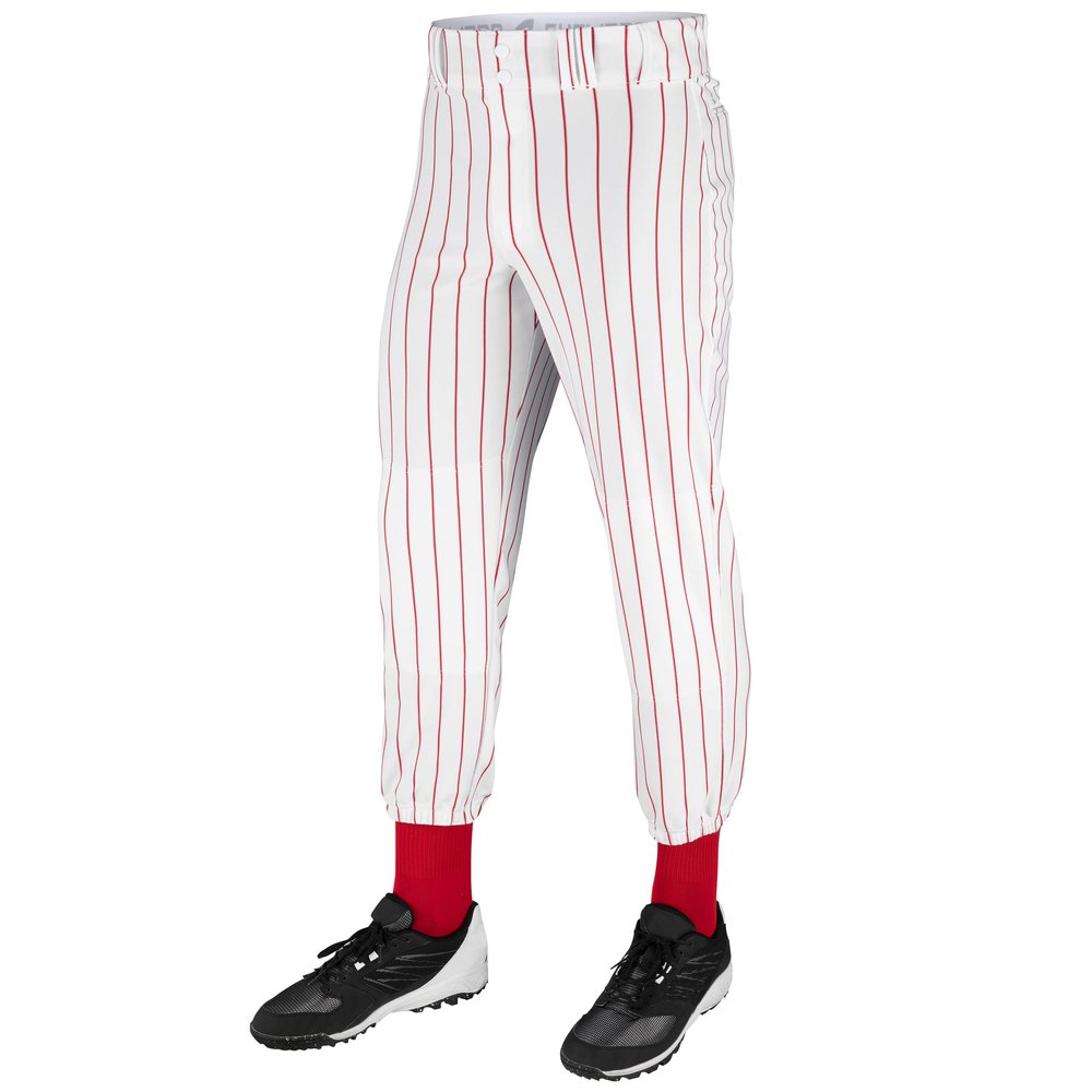 Champro Traditional Fit Triple Crown Classic Baseball Pants with Knit-in Pinstripes and Reinforced Sliding Areas, White, Scarlet pin, Large