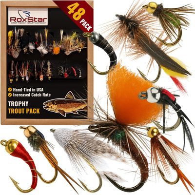 RoxStar Fly Shop Trophy Trout Flies 48pk | Best Wet & Dry Flies. | Proven Nationwide to Catch Fish! | Tied in-House