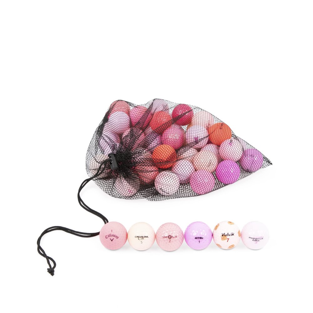 Clean Green Golf Balls 48 Pink Golf Balls Pack Recycled Different Major Brands Bulk Mix - Good Condition Graded Ball - Includes Mesh Carrying Bag