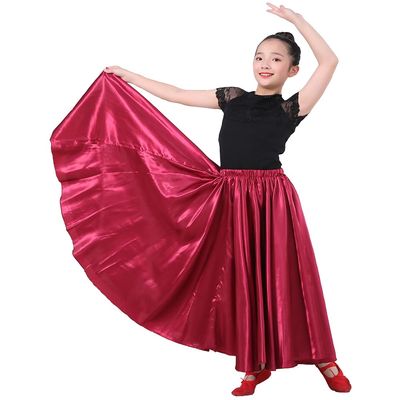 VNOEVW Girls Satin Full Dancing Circle Long Flowy Dance Skirt for Belly Dance, Flamenco, Classical & Folk Dance Dark-red