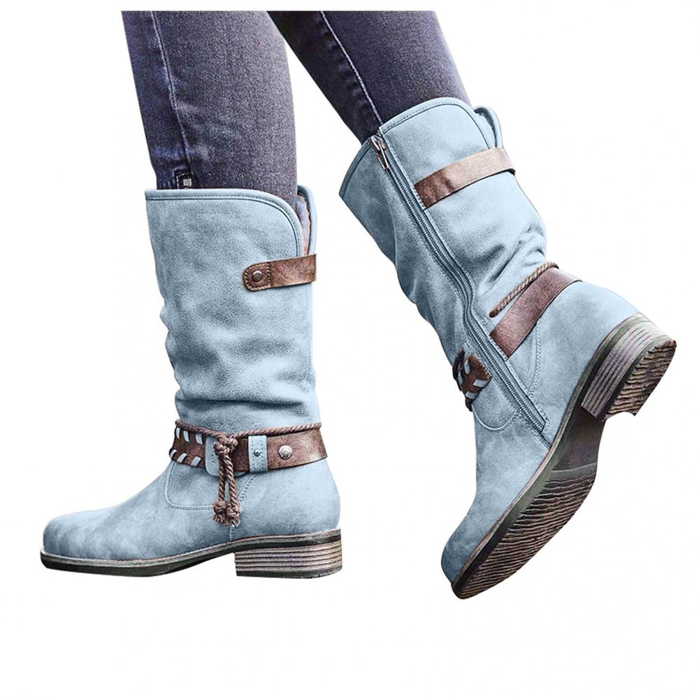 Bcshiye Women's Knee High Cowboy Boots Mid Calf Fashion Winter Classic Western Ankle Boots Low Heel Combat Riding Boots