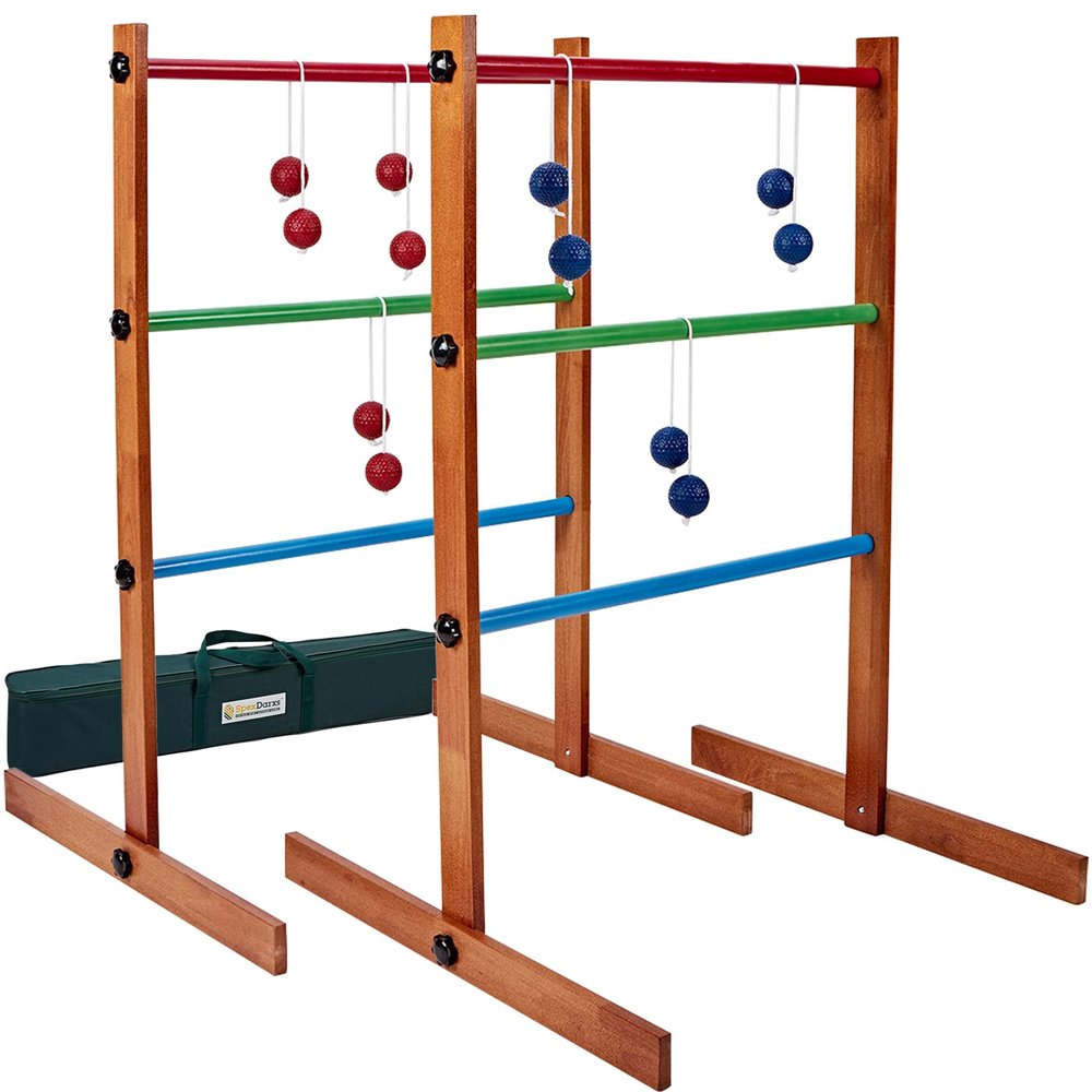 SpexDarxs Ladder Toss Outdoor Game, Wooden Golf Tossing Set with 6 Ball Bolas & Carrying Bag, Lawn Backyard Games for Teenager & Adult & Family