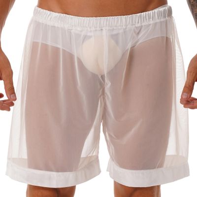 Hedmy Men's See-Through Mesh Swim Trunks Loose Boxer Shorts Underwear Beachwear Cover Ups White Medium