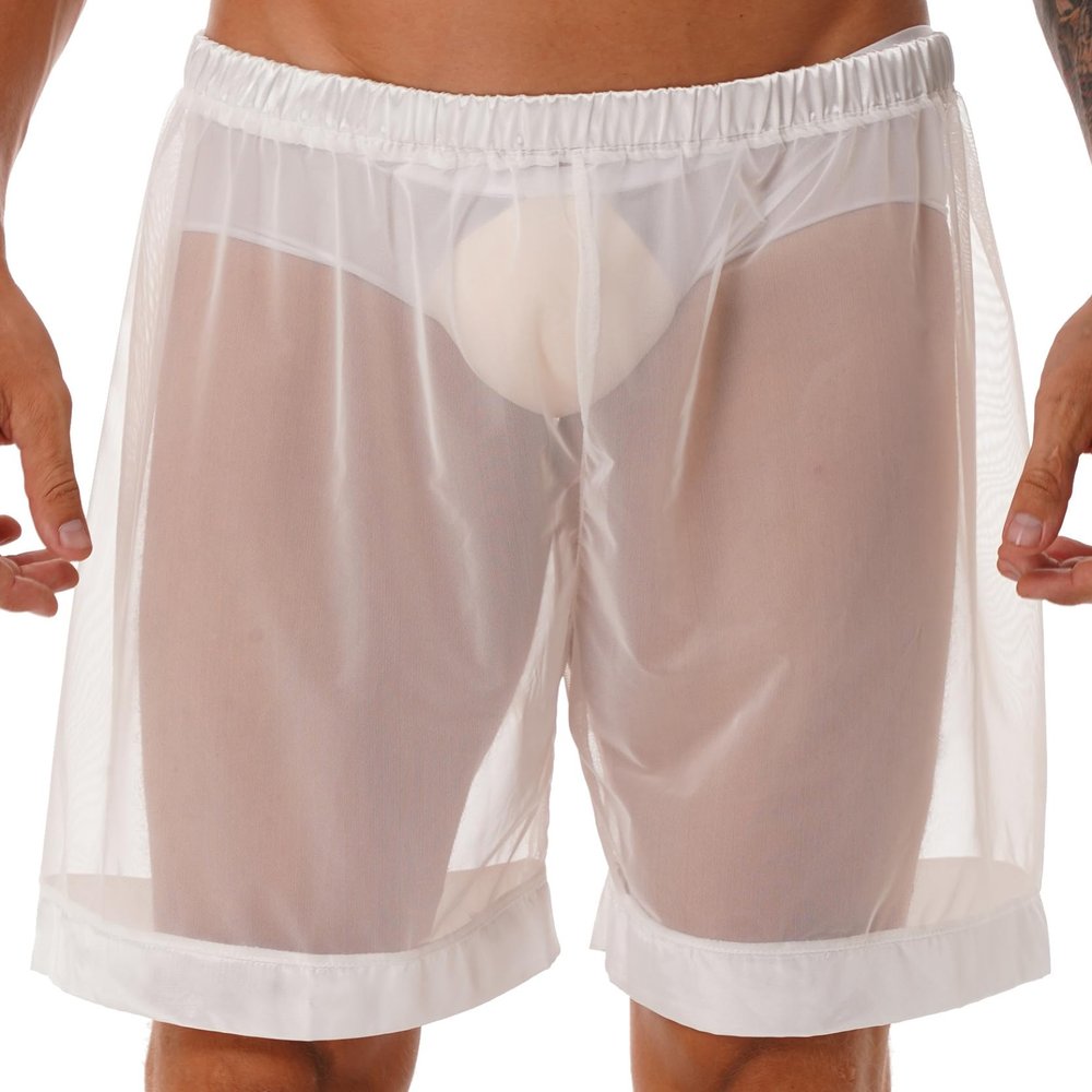 Hedmy Men's See-Through Mesh Swim Trunks Loose Boxer Shorts Underwear Beachwear Cover Ups White Medium