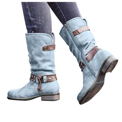 Bcshiye Women's Knee High Cowboy Boots Mid Calf Fashion Winter Classic Western Ankle Boots Low Heel Combat Riding Boots