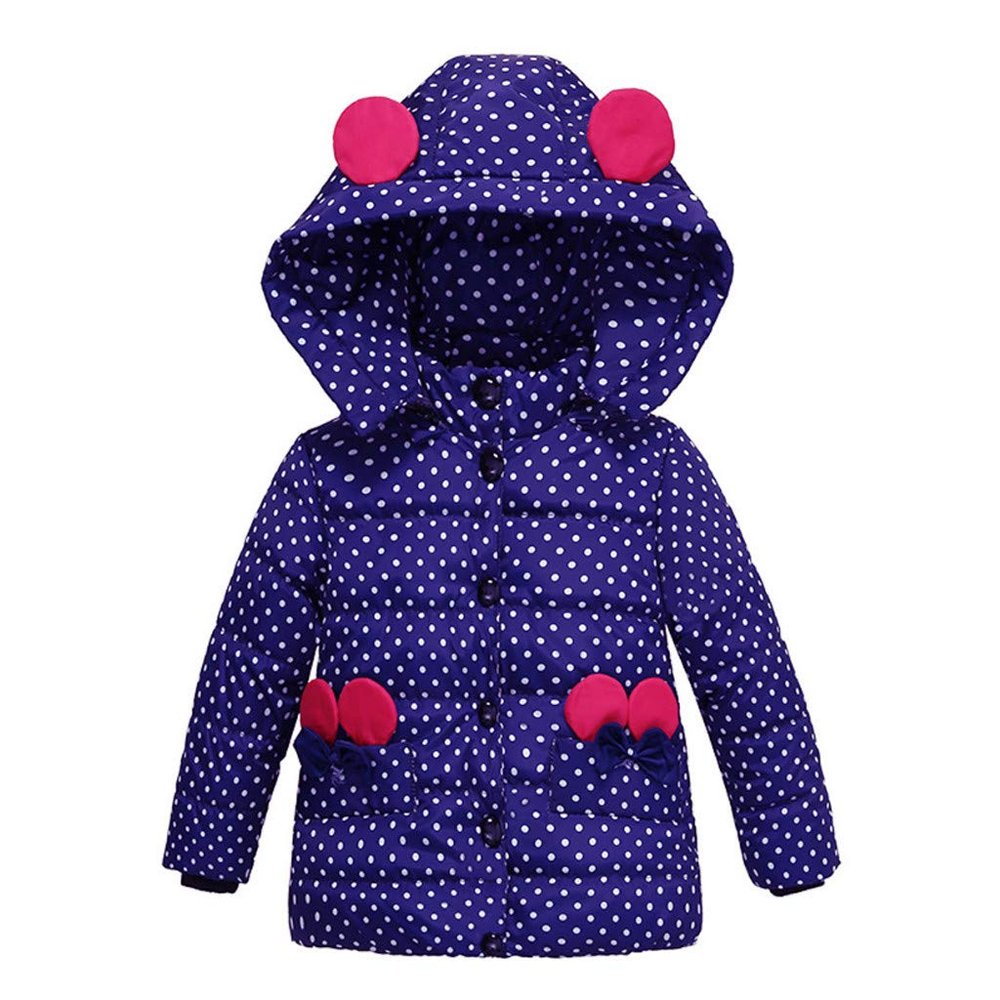 Baby Hooded Jacket Fashion Kids Coat Baby Girls Thick Coat Padded Dot Bow Winter Puffer Jacket Clothes(Dark Blue,1-2 Years)