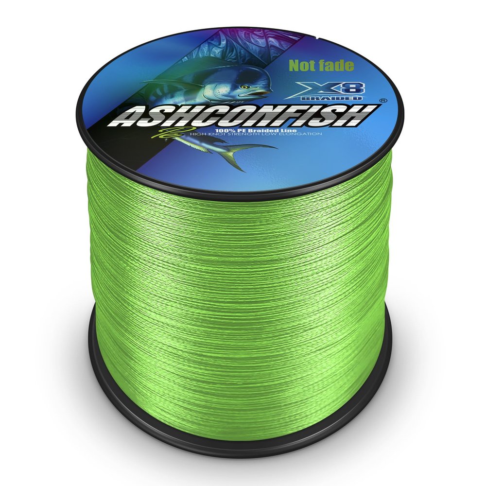 Ashconfish Colorfast Braided Fishing Line- 8 Strands Braided Lines Fadeless -Abrasion Resistant - Zero Stretch-Smaller Diameter, 1000M/1093Yards 300LB Fluorescent Green
