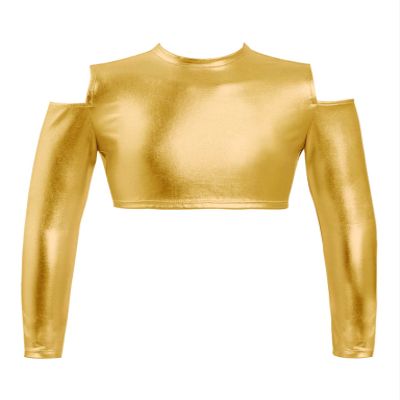 VernLan Girls Hip Hop Jazz Leotard Dance Shiny Metallic Long Sleeves Off Shoulder Crop Top Athletic T Shirt Gold 4 Years