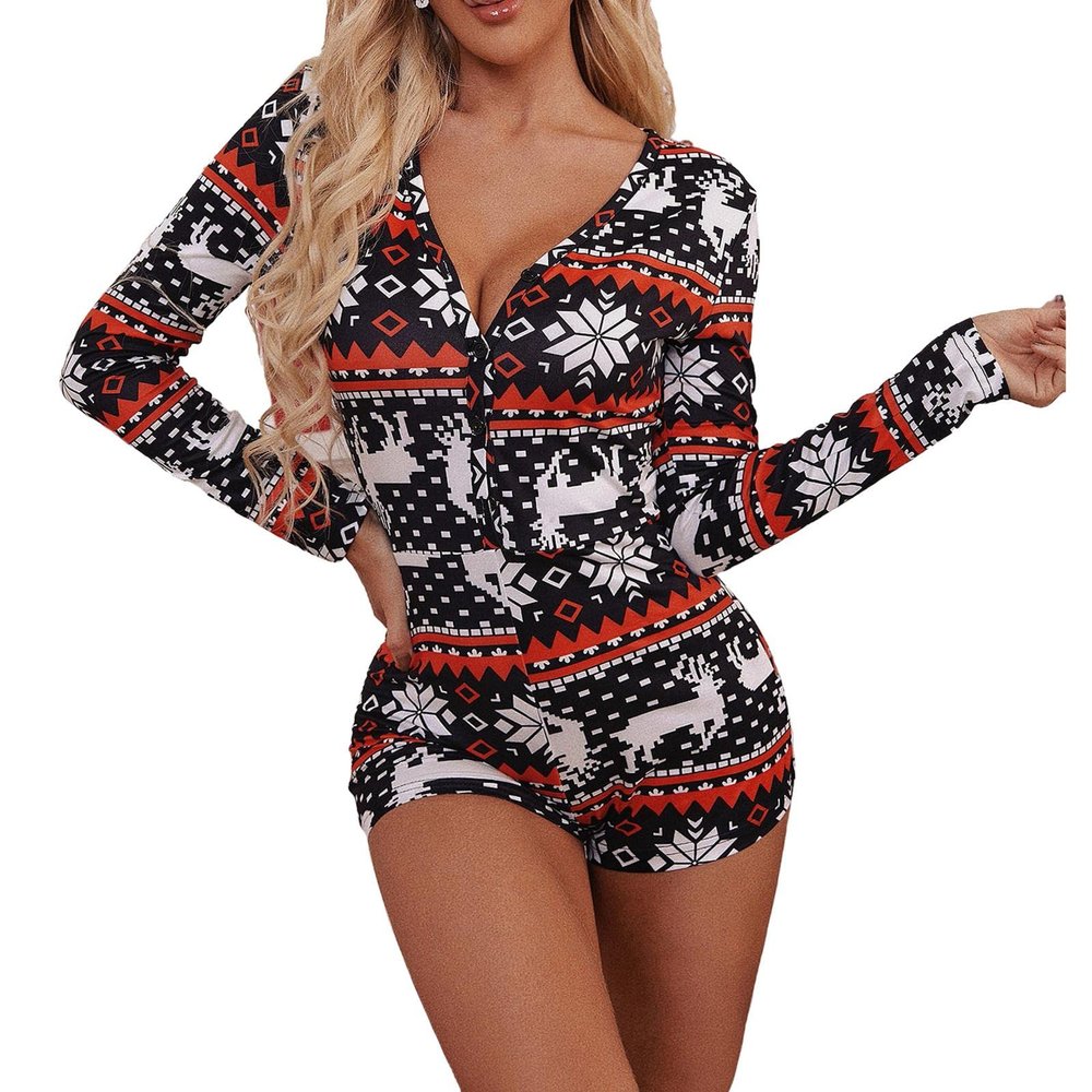 NUFIWI Women Christmas Pajamas Romper Bodycon Printed Jumpsuit Shorts Xmas One Piece Pjs Sleepwear(Snowflake Black Red,2XL)