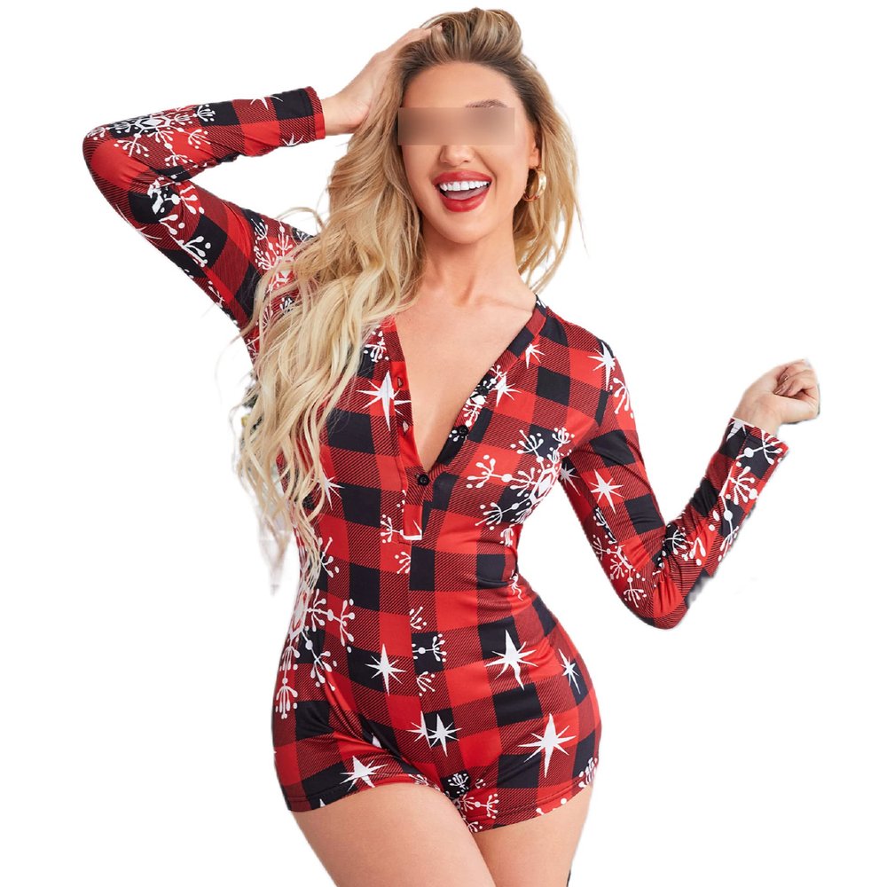 NUFIWI Women Christmas Pajamas Romper Bodycon Printed Jumpsuit Shorts Xmas One Piece Pjs Sleepwear(Red Plaid Snow,2XL)