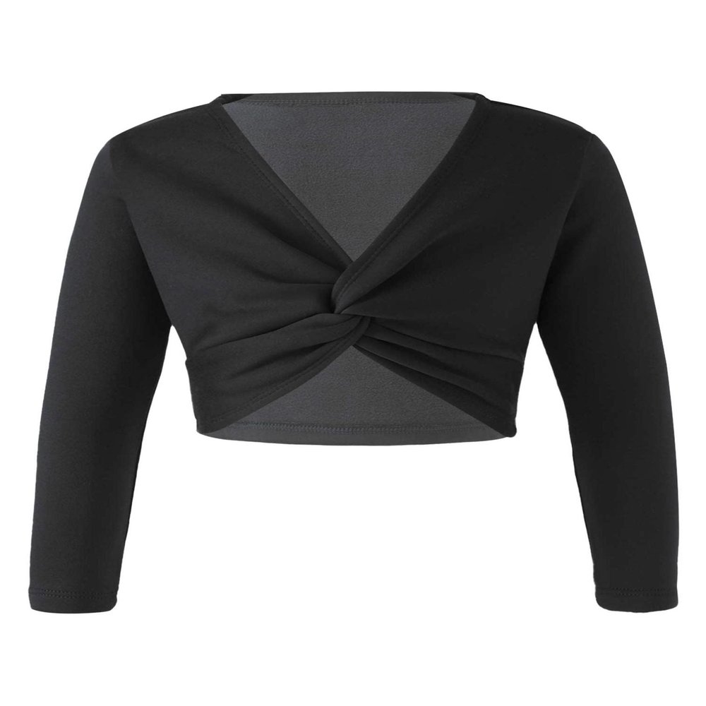 FEESHOW Kids Girls Long Sleeve Knitted Ballet Dance Wrap Top Cardigan Sweater Pullover Cropped Tops B Black 7-8 Years