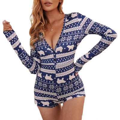 NUFIWI Women Christmas Pajamas Romper Bodycon Printed Jumpsuit Shorts Xmas One Piece Pjs Sleepwear(Navy Blue Bear,XL)