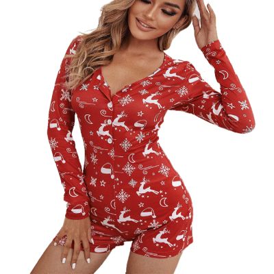 NUFIWI Women Christmas Pajamas Romper Bodycon Printed Jumpsuit Shorts Xmas One Piece Pjs Sleepwear(Elk Red,M)