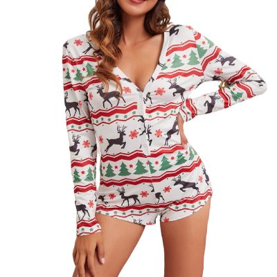 NUFIWI Women Christmas Pajamas Romper Bodycon Printed Jumpsuit Shorts Xmas One Piece Pjs Sleepwear(Green White Tree,L)
