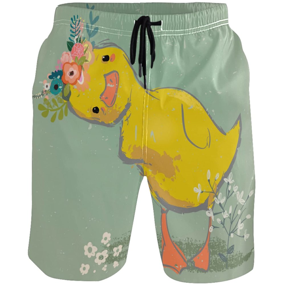 visesunny Little Duck with Wreath Men's Swim Trunks Quick Dry Bathing Suits Beach Holiday Party Swim Shorts