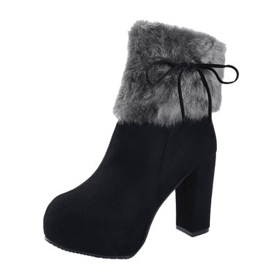Bcshiye Women's Chunky Heel Ankle Booties Fur Lined Warm Comfort Winter Boots Anti-slip Platform High Heel Snow Boots