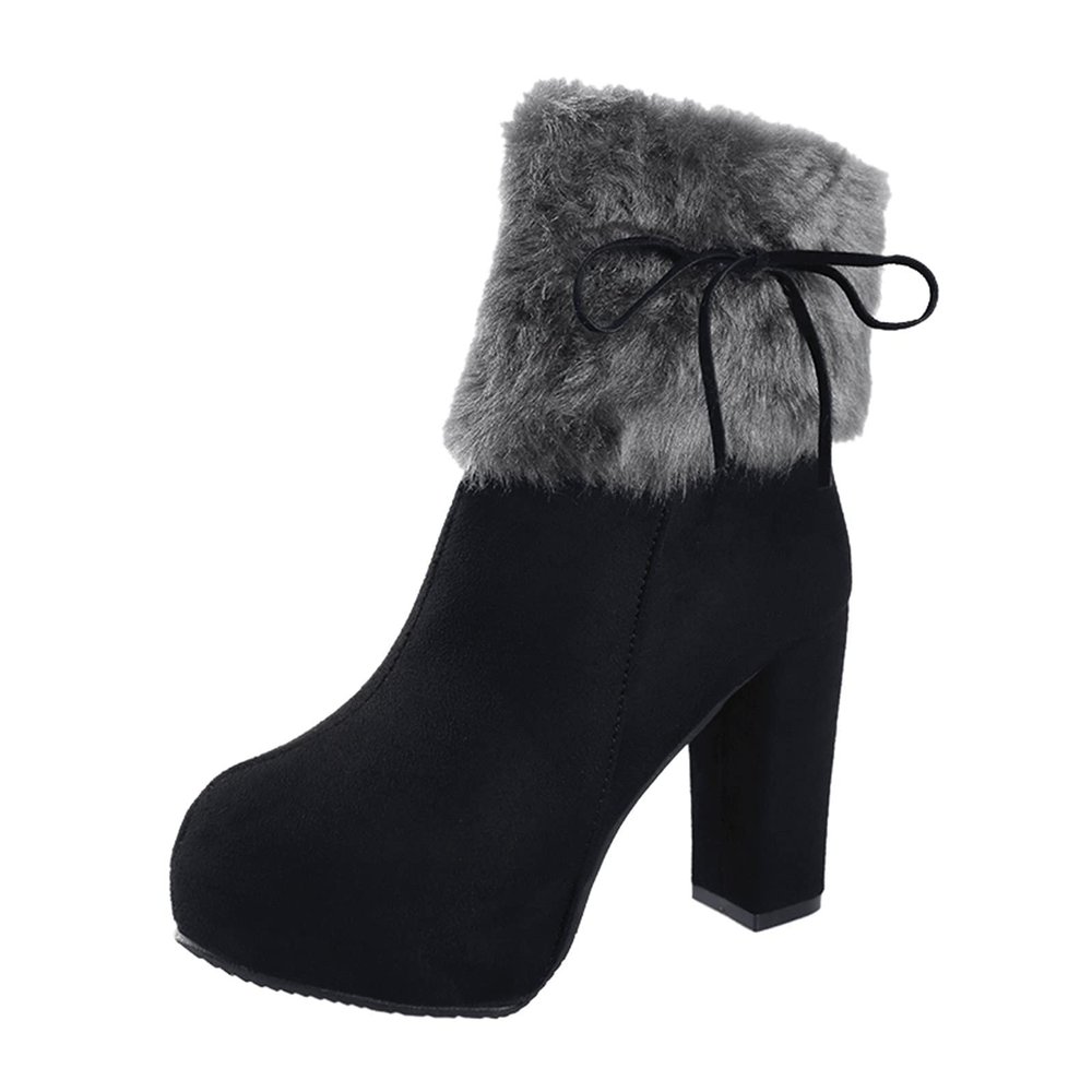 Bcshiye Women's Chunky Heel Ankle Booties Fur Lined Warm Comfort Winter Boots Anti-slip Platform High Heel Snow Boots