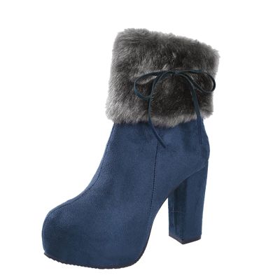 Bcshiye Women's Chunky Heel Ankle Booties Fur Lined Warm Comfort Winter Boots Anti-slip Platform High Heel Snow Boots