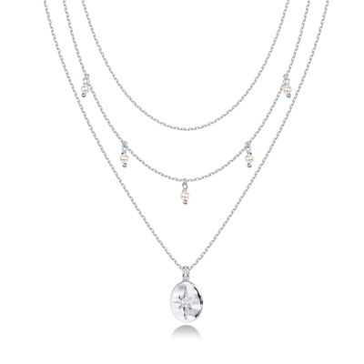 PAVOI Rhodium Plated Layered Pearl Pendant Necklace | Layering Necklaces for Women | Dainty Minimalist Design Pendant (Pearl, White Plated)